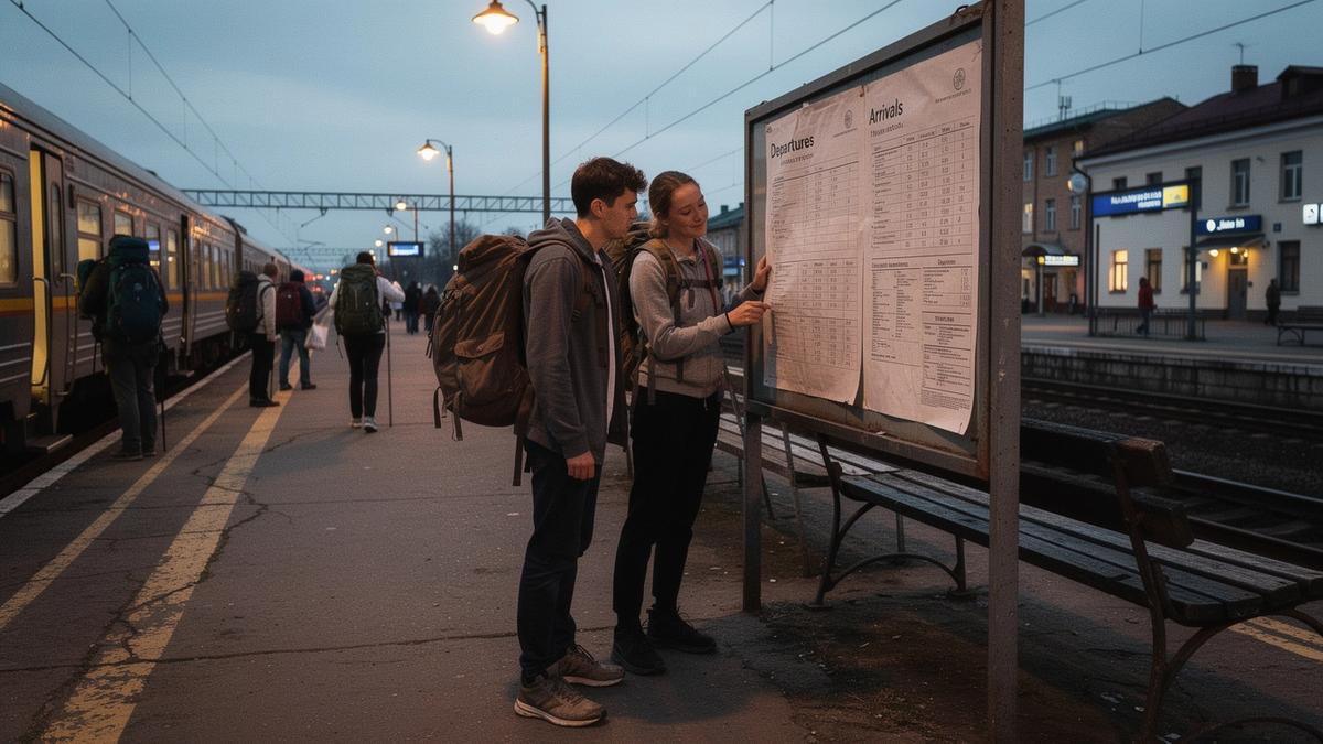Young travellers with backpacks reading a printed timetable on a station platform before an evening departure